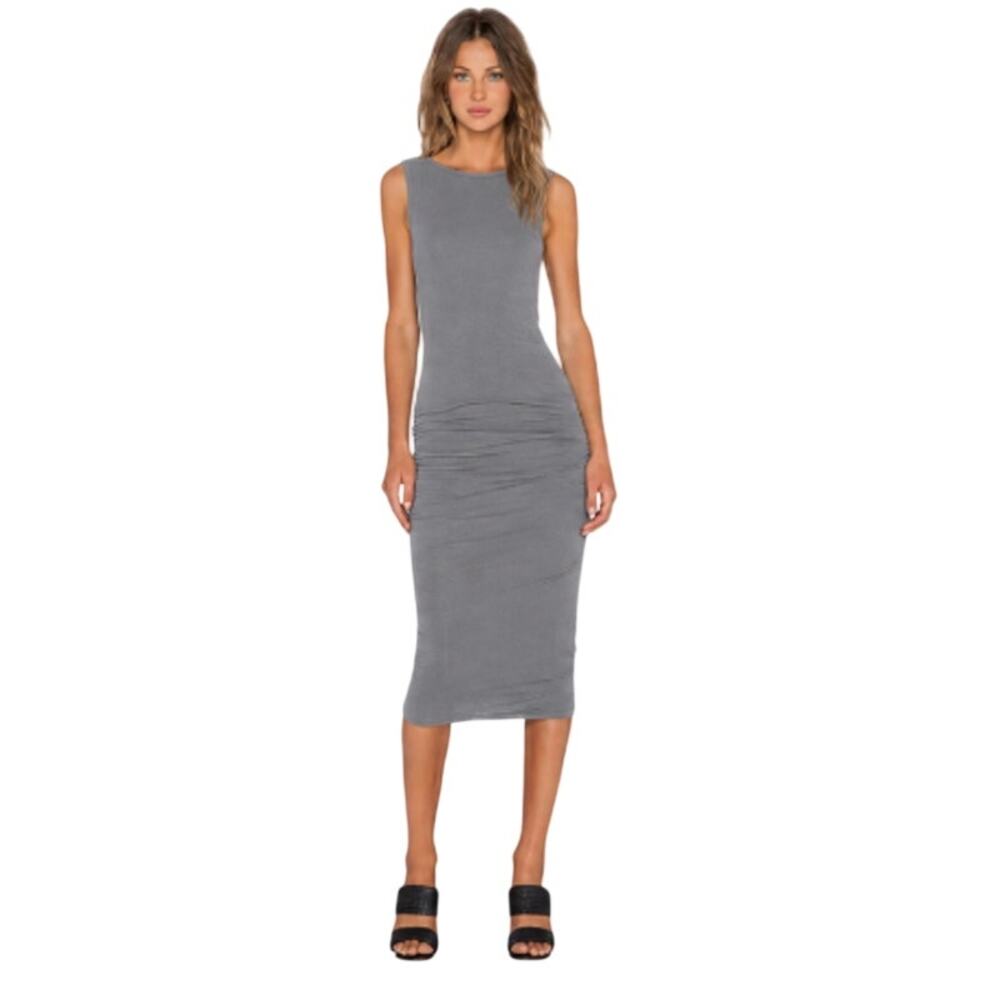 James Perse Blue Gray Ruched Midi Tank Dress Open Back Bodycon XS 0